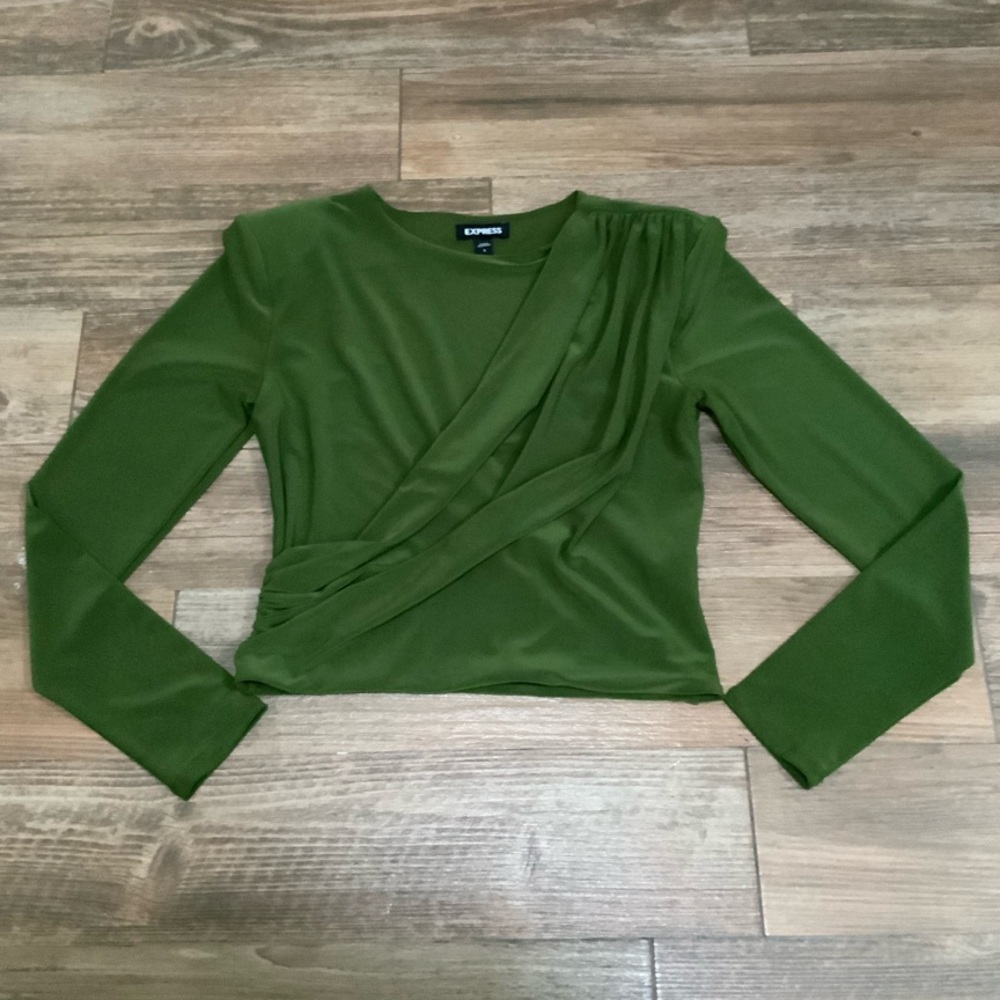 Express women small Green Fitted Wrap crop top with shoulder pads long sleeve